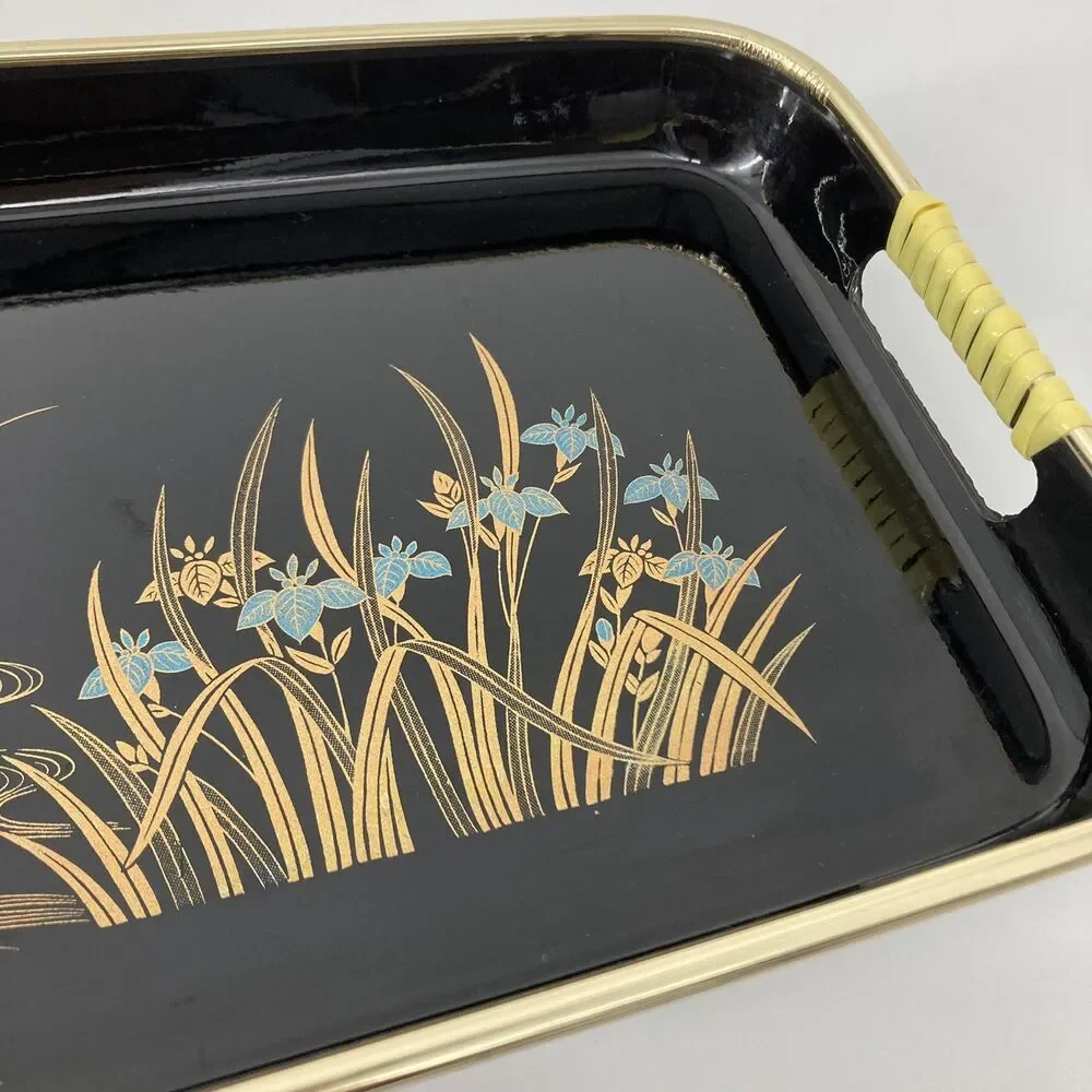 2 Set Vtg Toyo Japan Blue Iris Birds Black Lacquer Decorative Trays Gold Reeds